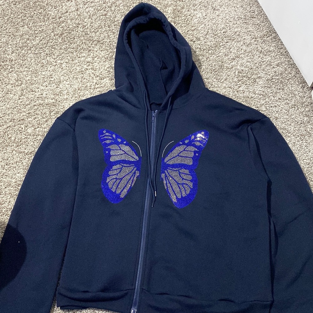 Rhinestone Butterfly Navy Blue Zip up hoodie.